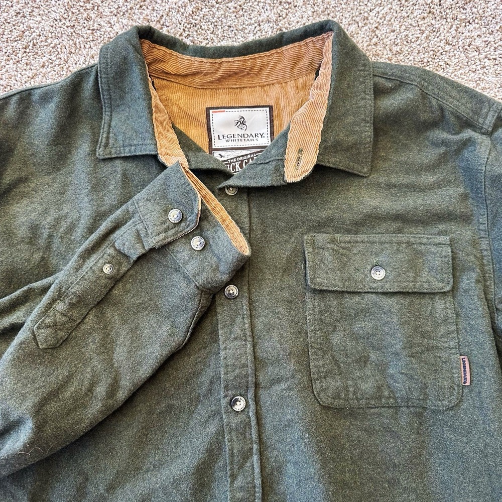 Legendary Whitetails Buck Camp XL Flannel Shirt Button Up Green Corduroy Collar